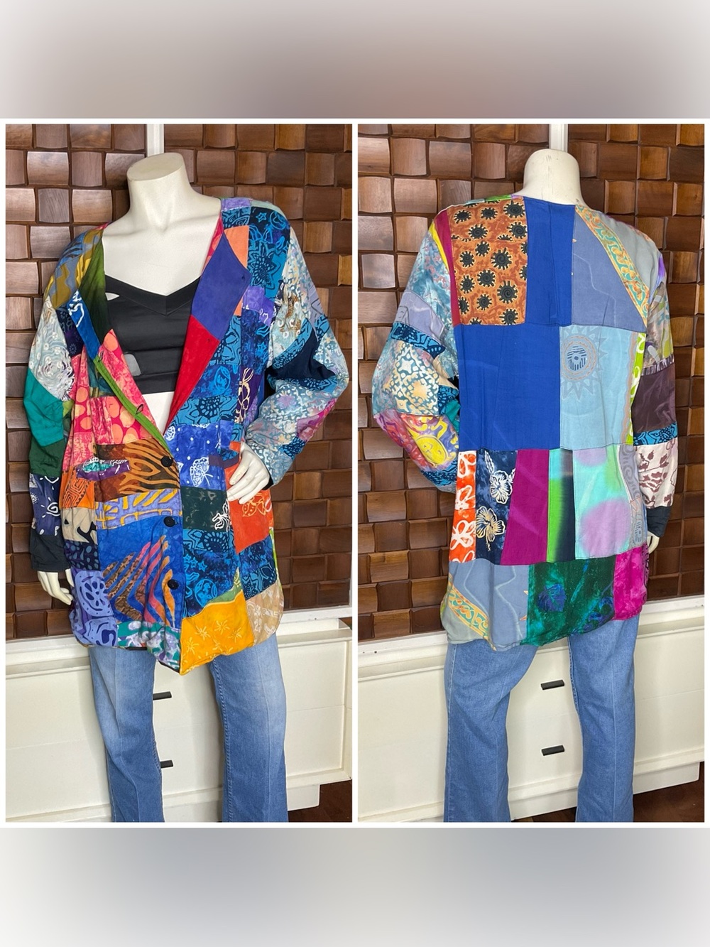 Vintage Colorful Patchwork Bohemian Art to Wear Statement Jacket Large XL OS